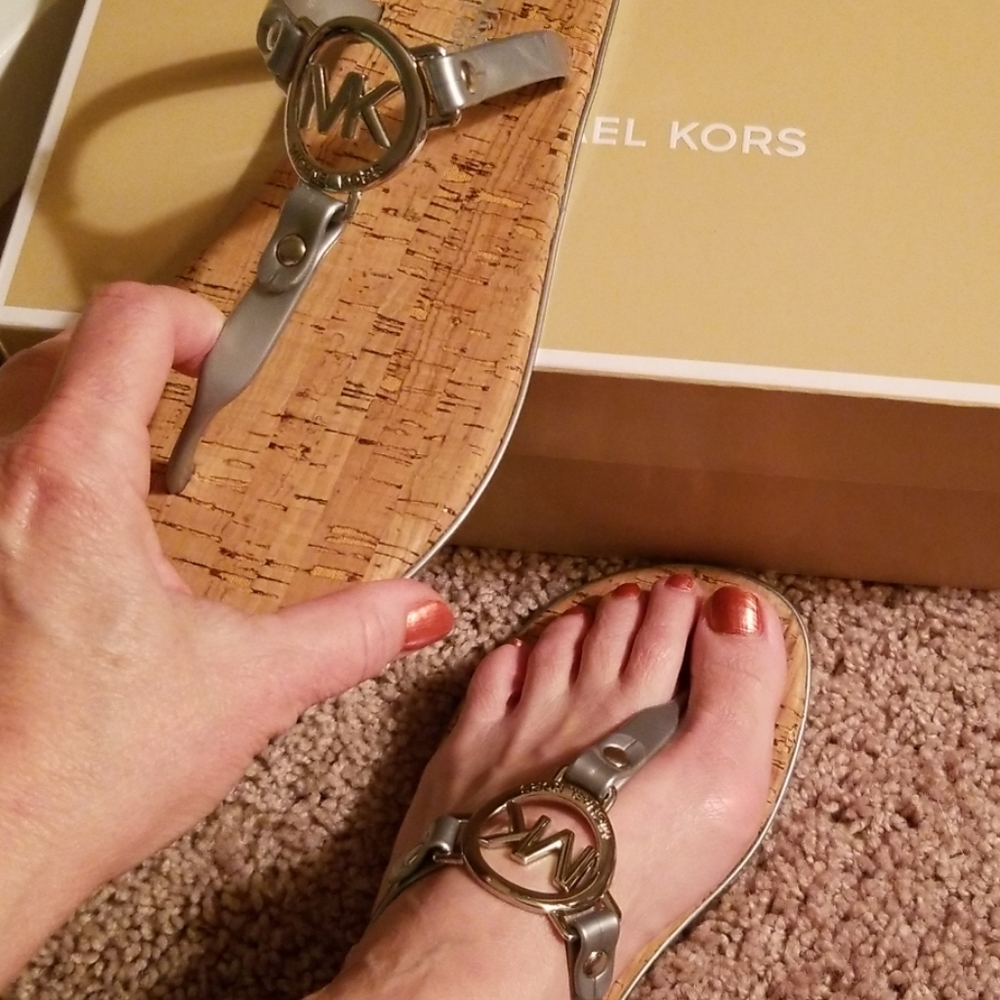 New Michael Kors silver corkbed logo jelly sandals
